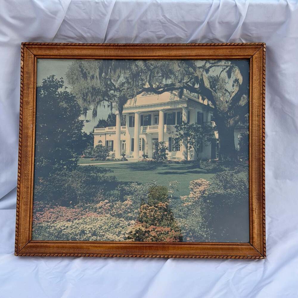 Vintage Framed Southern Plantation Estate Print Photo  16” x 18”